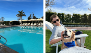 Pool and Mrs. Deets and dog on lawn