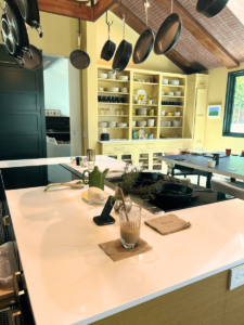 Kitchen counter with hanging pots